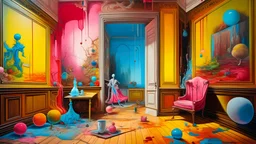 deconstructed interior with figures, contemporary art & classic japanese design, bright colors, spray paint, martha jungwirth drawing, drawn by yves tanguy, oil on canvas style of ornament, photorealistic, studio lighting, full color, photography, portrait,