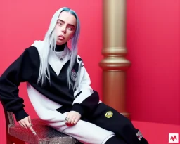 Billie Eilish, sitting on a chair, Black Short Dress, high detail, realistic