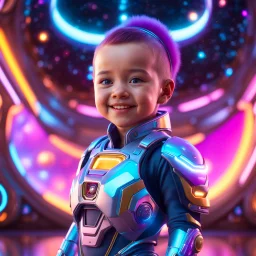 (masterpiece, best quality, 8k, RAW photo, beautiful and aesthetic:1.2), complex detail, Indirect light, photorealistic, (((full body))), Cosmic Baby corp style smiling, colorfull Sci-Fi environment