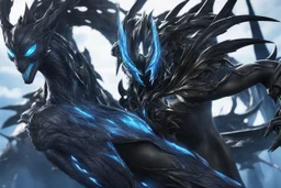 Crystal and Symbiote in 8k solo leveling shadow artstyle, cgi them, genji model, blue neon effect , dragon tattoos, close picture, full body, apocalypse, intricate details, highly detailed, high details, detailed portrait, masterpiece,ultra detailed, ultra quality
