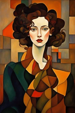 Woman in the cubism style of argon Schiele + Gustav Klimt. Rich, lovely colors, full cubism style