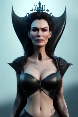 Lena Headay as evil queen in black leather, busty, cleavage, voluptuous, Aqua Lene, angry, stern look. character design by cory loftis, fenghua zhong, ryohei hase, ismail inceoglu and ruan jia. unreal engine 5, artistic lighting, highly detailed, photorealistic, fantasy