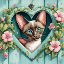 A chocolate point Oriental shorthair siamese kitten peeks out from a heart-shaped opening in a weathered turquoise door,surrounded by delicate pink flowers & green vines.The kitten's large,expressive eyes & soft fur create a charming & whimsical scene.realistic watercolor illustration vampiress, gothic attire, moonlit, alluring grin