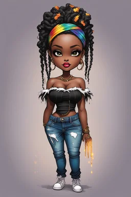 create a colorful abstract comic book art image 8k of a chibi curvy black female wearing torn jeans pants with fringe on the side and a black-tie dye off the shoulder blouse. Prominent make up with hazel eyes. Highly detailed long Senegalese twist in a hair wrap