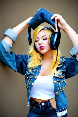 blonde taking selfie.thick thighs,thick calves,flat belly,curvy fell. NOVEL kind of bolero is sewed of recycled rough Denim, which condescends with integrated bag[SIC]. It is sewed together of camouflage pieces, whose color are all denim colors, orange, cream and purple. Big colored headphones (gold rings!) is merged with small felt cap with small visor. It is with big bright purple felt tippet and birght-colored-hood is merged with colorful beanie. Style: Haute Couture, 1980's Finland