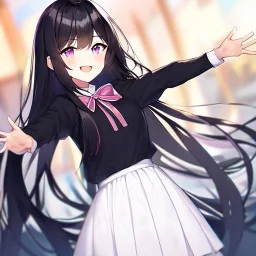 Clear focus,High resolution, Black long fluffy hair, and purple eyes, Teen, Sassy, black shirt, white collar pink bow, white short skirt, cute, smile, hands out, reaching out to you