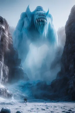 Giant scary ice and stone humanoid monster, dramatic scenery, cold light