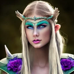 beautiful elven ranger queen with purple armor, delicate cyan braided hair, green glass eyes, white flowing dress, highly detailed, 8k, ambient light, taylor swift