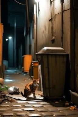 Street lamp in a dark alley in the background a garbage container by a dirty wall , stray cat is eating on the floor