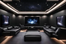 a black themed dedicated home cinema room with LED ambient lighting in the walls make sure the room is completely symmetrical