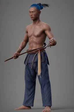 A young male water genasi with deep blue skin color, water shape dred hair on head. Shaolin monk with long stick weapon, kung fu master, martial art