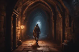 A young unarmed man sneaking through a dungeon corridor. fantasy concept art, exquisite realism, a masterpiece, dynamic lighting, hyper detailed, intricately detailed, deep color, Unreal Engine, volumetric lighting , Epic cinematic brilliant stunning intricate meticulously detailed dramatic atmospheric maximal,