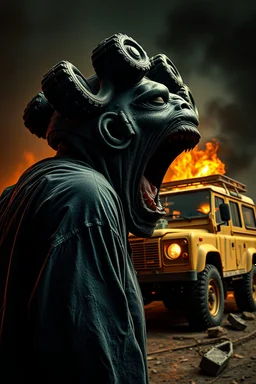 side profile, WHEELIE GARBAGE TRASH BIN man in super blackscary (autofarm) in movie poster moviestyle horror look. as five headed mouth open, rough teeth, turn head around, landrover crash in background(&*&*^%$^#%$#%$^%$#^#$#^%#$^$#