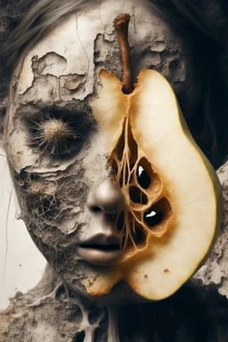 Grunge, woman as a decaying dried out Pear intricately showing its internal structure and seeds, cyberpunk, ultra unique natural textures, slight imperfections, vray.