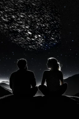 Black background on a mountaintop. Two silhouettes are sitting close to each other a fit human man and a fit human woman, looking at the stars.