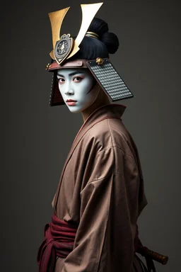 Traditional samurai man , full body side view, looking at the viewer, white make up on her face, , traditional si, studio photograph, very aesthetic, highly detailed, brilliant composition, hyper realistic, photorealistic, subsurface scattering matt painting