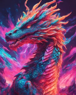 Close up shot, Dragon in a vibrant synthwave dreamscape, neon chaos swirling energetically around pixelated forms, a dynamic fusion of retro gaming nostalgia and futuristic abstraction