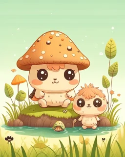 Two cute mushroom boys in the forest with big cute heads, small body. Fox tails and ears. Brown pants. Big sparkly monster eyes. Soft baby pastel colours. Fuzzy and hairy. Sparkles around. underwater colours. sparkles. Soft toys. Happy. bushes around and moss.