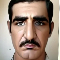 About drawing these features of a man's face Eyes: almond-shaped, medium-sized with defined eyelids and a direct and steady look. nose: a nose with prominent features, straight and with a slightly pointed tip, which can be described as a Roman nose. Mouth: Medium width with defined lips, neither too full nor too thin. Eyebrows: Naturally dense and curved, to match the shape of the face. Big Mustache: dense and arched following the shape of the upper lip.Chin and jaw: A prominent chin and defined