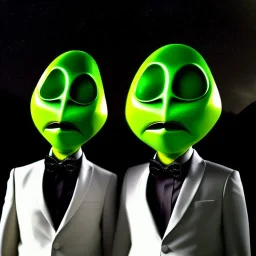 Portrait of two aliens wearing tuxedos with an idyllic countryside manor background, realistic 4k