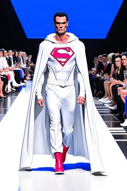 Superman on a fashion runway like Balenciaga Style street wear white tones