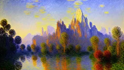 Sunny day, Distant mountains, rocky stream, claude monet impressionism painting