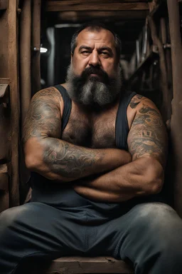 close up shot photography of a 49-year-old turkish chubby heavyset tattoo very hairy sweaty worker sitting spread-legged in an old sofa inside a construction site shed, big shoulders, dressed in bulging shorts, shirtless, stubble, big manly legs, hairy chest, serious eyes, midnight, dim neon lights illuminating and shine on the beards of sweat that fill his large chest, photorealistic , ambient occlusion