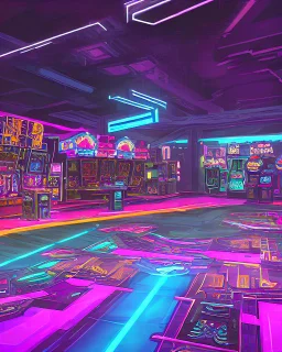 A dark photo of the corners of an 80's aesthetics arcade at night, with a lot of functioning arcade machines, a vaporwave floor and some colorful tiles in between the floor. Purple aesthetics. There are some pizza boxes over some of the arcade machines