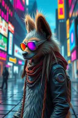 cyberpunk weasel rasta man with cute fur, in big cyberpunk city