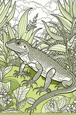 Outline art, lizard in the garden, cartoon style, low detail, --ar 9:11