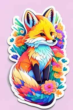STICKER, A detailed illustration a print of vivid cute fox with flowers, floral splash, rainbow colors, t-shirt design, in the style of Studio Ghibli, splash in vibrant colors, 3D vector art, cute and quirky, Adobe Illustrator, hand-drawn, digital painting, low-poly, soft lighting, bird's-eye view, isometric style, retro aesthetic, focused on the character, 4K resolution, using Cinema 4D.