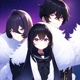 Clear focus, High resolution,a anime kid, roughline skecth, cute, cartoony style,interesting hair between eyes,black hair,, fluffy hair,long bangs,purple eyes, front view, background is space with stars, wearing a black sailor uniform