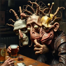 The oddest coagulation and mixture of some beings, glossy finish, dine, details very accentuated, stunning style, oniric, Max Ernst, hyperphotography, 3d strong, blatant, gross, caricature, very funny, rusty, beer, macho