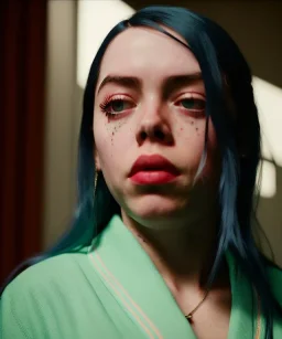 Billie Eilish, bathrobe, stockings, high detail, realistic, 8k, not to be distinguished from a photo, identical pupils