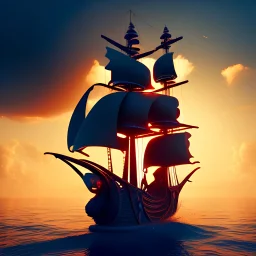 Pirate ship sailing, silhouette, duck, world in bloom, dusk, orange blue, vivid color, realistic, octane render