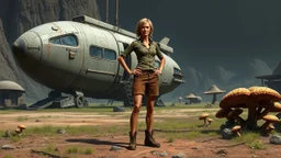 A skinny 50-year-old woman standing, hands on hips, in brown shorts, shirt, and boots, standing next to a squat cargo spaceship, sitting in a clearing, in a derelict alien town with mushrooms and fungi.