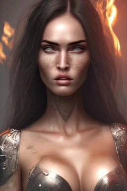 Perfect face megan fox, warrior clothes, highly detailed face, highly realistic, dog, fire, particles