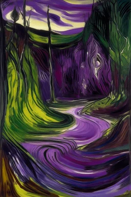 A purple poisonous jungle with a toxic river painted by Edvard Munch