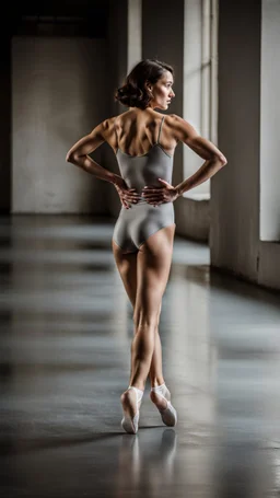 beautiful anorexic woman, dancing ballett, total shot, short silver triathlon swimsuit, short brunette wavy bob hair, blurred concrete background