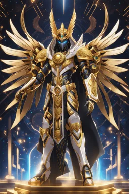 Full body god pharaoh void with Multiarms, hoodie, cover face, crystal Slogan , crystals arm, galaxy face, solo leveling shadow artstyle , high details, intricate details, highly detailed Man Angel cyborg straddle wings, using traditional armor,detailed, intricate,gears cogs cables wires circuits, gold silver chrome copper