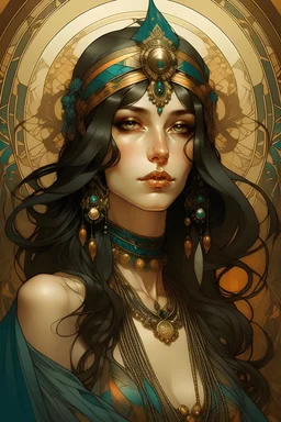 Portrait of Egyptian goddess in turban and long black hair, heavy makeup and loads of jewellery painted by brush in style of Alfons Mucha