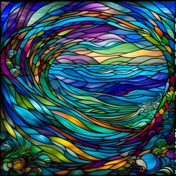 fragile scattered colorful stained glass window by swirlling curling Ocean waves surreal