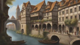 medieval buildings with balconies overhanging a river, blue sky and people, photorealism, trees, foliage, piers, intricate detail, ultra-sharp image, sharp focus