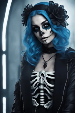 Portrait of a girl, skeleton face like night before Xmas, blue hair, 8k realistic, goth