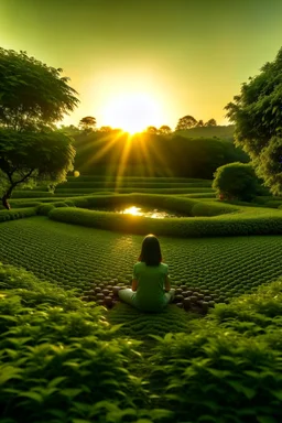 A serene, peaceful scene of a person sitting in a lush, green tea garden, surrounded by rows of tea plants and a tranquil pond, with the sun setting in the distance.