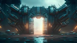 Futuristic gadget cyber fort gate wall dysoptia cyberage HAWKEN postapocalyptic dysoptia scene photorealistic uhd 8k VRAY highly detailed HDR