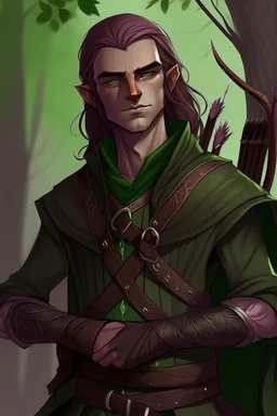 Male wood elf, rogue assassin, light brown skin, bright green eyes, mauve longish hair, all black leather, friendly, trees, stoner, long bow