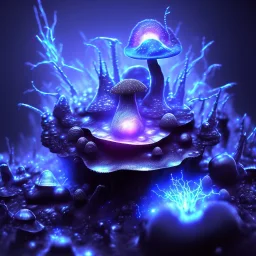 Spherical Frost metal magic armoured lightning glowing Mycelium MUSHROOM stars galaxy SPACE lANDSCAPE BURNING IN BLUE FLAMES hellfire abyss math chaos vivid cell