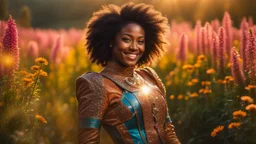 A gorgeous smiling ceylanese model with a dark skin in a cosmonaut outfit with luminous strikes in a hill of flowers with 1000 y/o trees, a small torrent, loads of mini flowers, moss, sun rays through the branches, particles in the air at spring