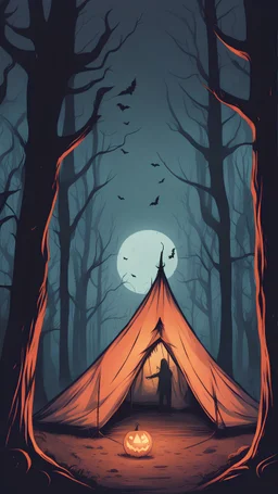 Tim Jacobus style illustration tent in haunted forest, halloween aesthetic